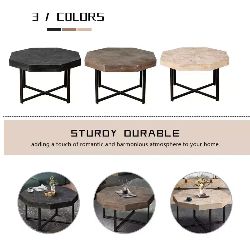 TUYOHW 29.1 Vintage Coffee Table for Living Room,Wooden Octagonal Center Table with Steel Crisscross Base,30 Inch Cocktail Table