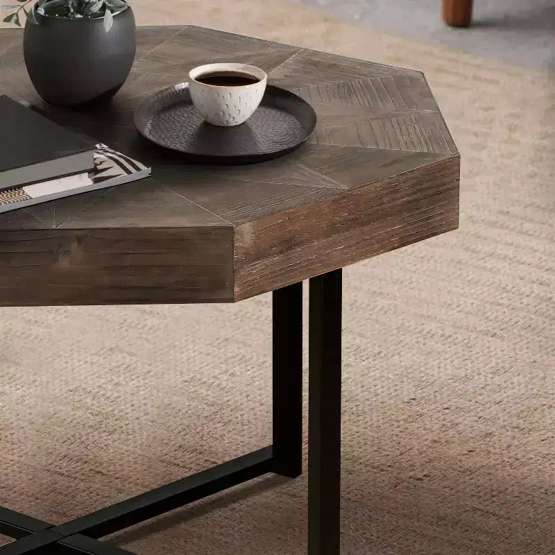 TUYOHW 29.1 Vintage Coffee Table for Living Room,Wooden Octagonal Center Table with Steel Crisscross Base,30 Inch Cocktail Table