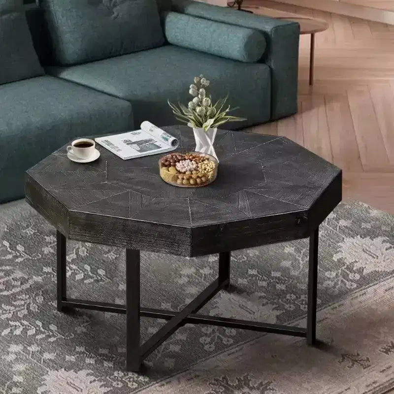 TUYOHW 29.1 Vintage Coffee Table for Living Room,Wooden Octagonal Center Table with Steel Crisscross Base,30 Inch Cocktail Table