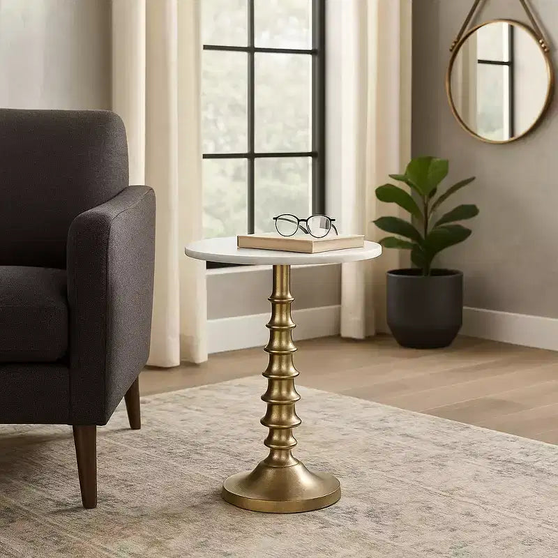 Glam End Table, Side Table, or Night Stand for Room Decor - Marble Top with Ribbed Base Design for Bedroom or Living Room Decor - 22 White & Gold