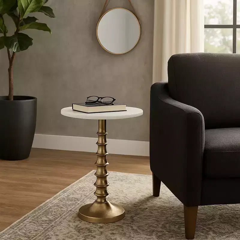 Glam End Table, Side Table, or Night Stand for Room Decor - Marble Top with Ribbed Base Design for Bedroom or Living Room Decor - 22 White & Gold