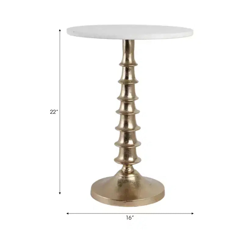 Glam End Table, Side Table, or Night Stand for Room Decor - Marble Top with Ribbed Base Design for Bedroom or Living Room Decor - 22 White & Gold