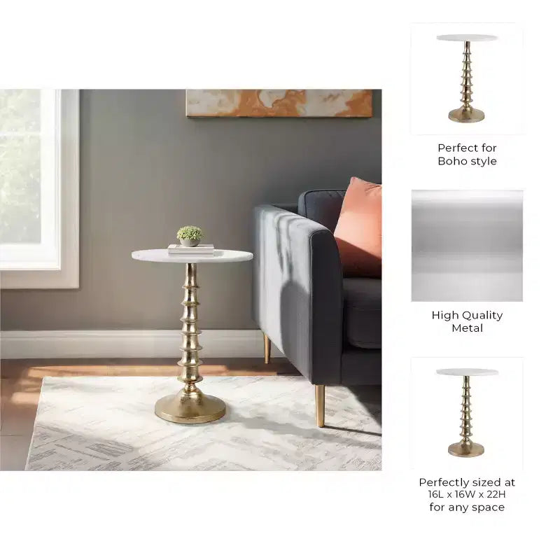 Glam End Table, Side Table, or Night Stand for Room Decor - Marble Top with Ribbed Base Design for Bedroom or Living Room Decor - 22 White & Gold