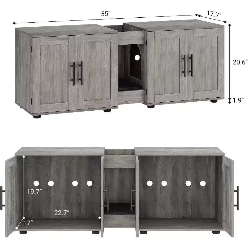 55 Inch Cat Litter Box Enclosure, 3-IN-1 Large Cat Box Enclosure with Double Rooms, Farmhouse Wooden Cats Washroom, Hidden Litter Box Furniture