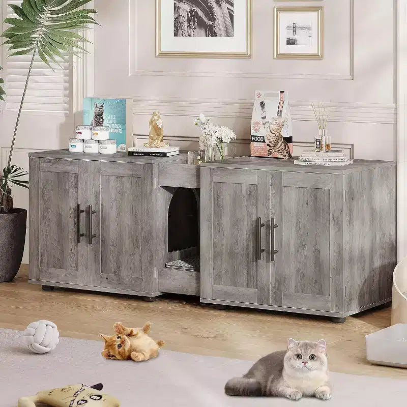 55 Inch Cat Litter Box Enclosure, 3-IN-1 Large Cat Box Enclosure with Double Rooms, Farmhouse Wooden Cats Washroom, Hidden Litter Box Furniture