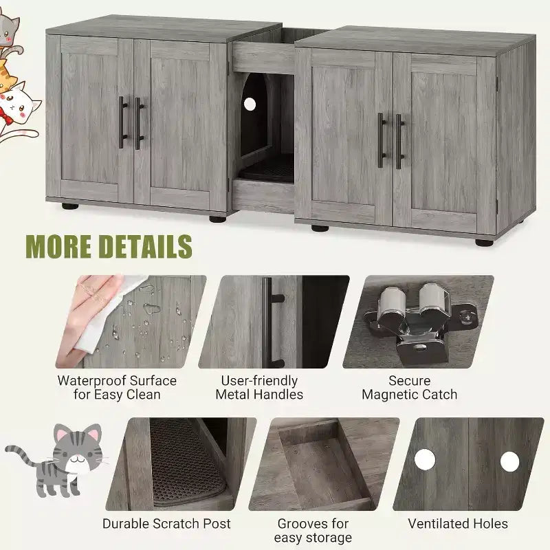 55 Inch Cat Litter Box Enclosure, 3-IN-1 Large Cat Box Enclosure with Double Rooms, Farmhouse Wooden Cats Washroom, Hidden Litter Box Furniture