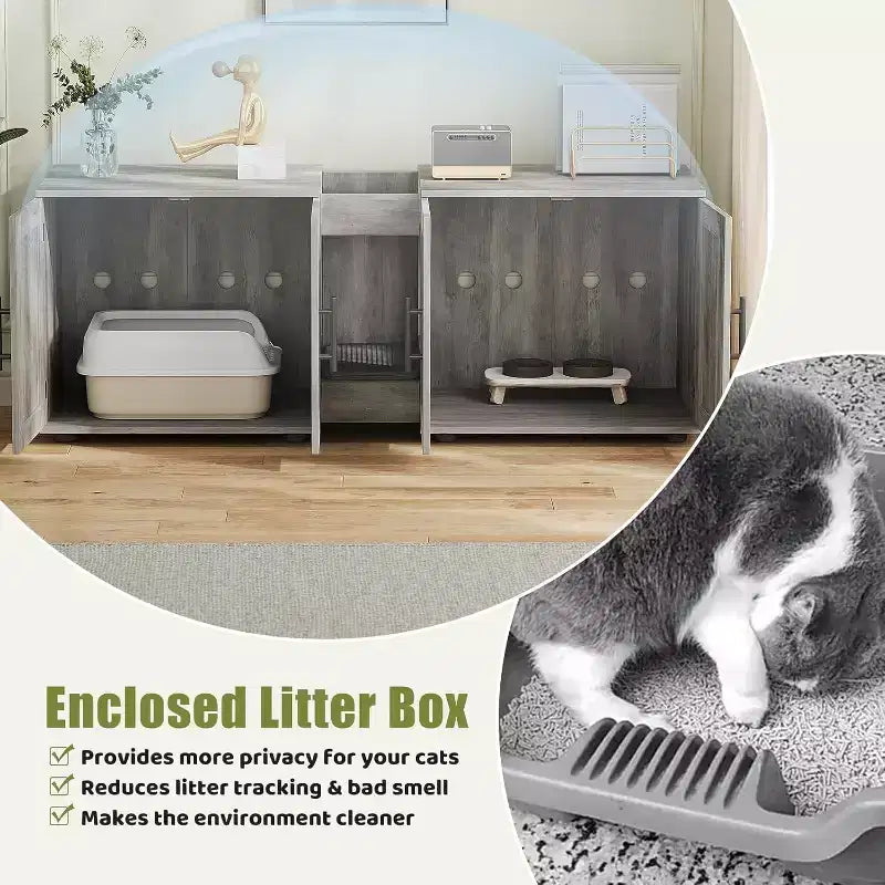 55 Inch Cat Litter Box Enclosure, 3-IN-1 Large Cat Box Enclosure with Double Rooms, Farmhouse Wooden Cats Washroom, Hidden Litter Box Furniture
