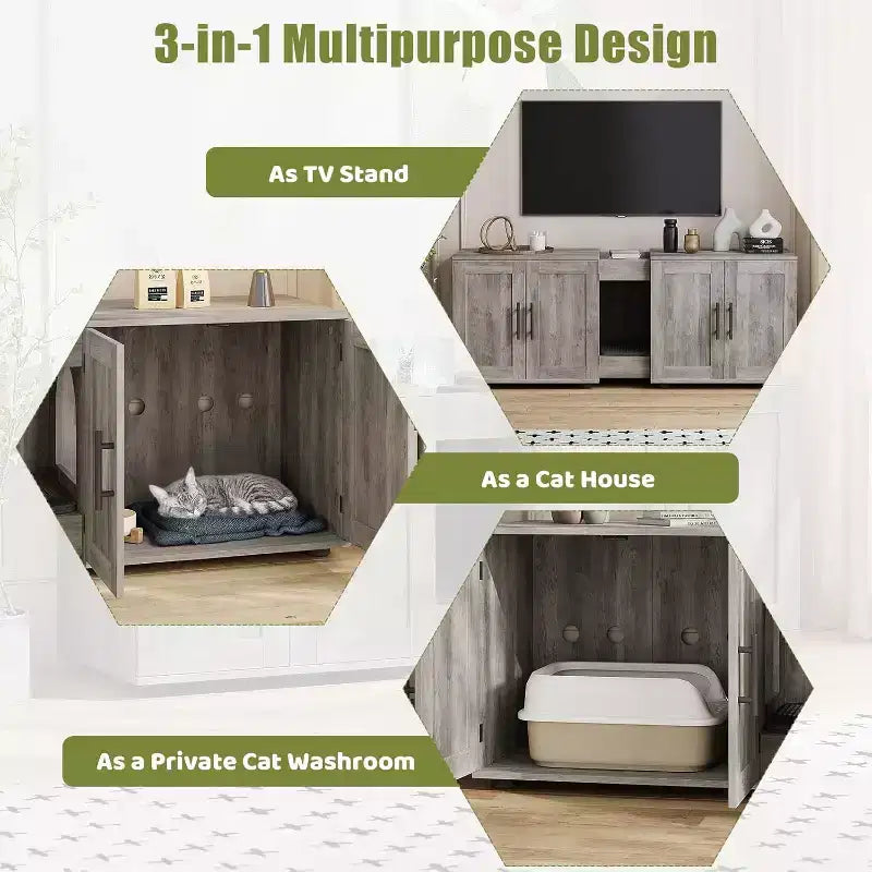 55 Inch Cat Litter Box Enclosure, 3-IN-1 Large Cat Box Enclosure with Double Rooms, Farmhouse Wooden Cats Washroom, Hidden Litter Box Furniture
