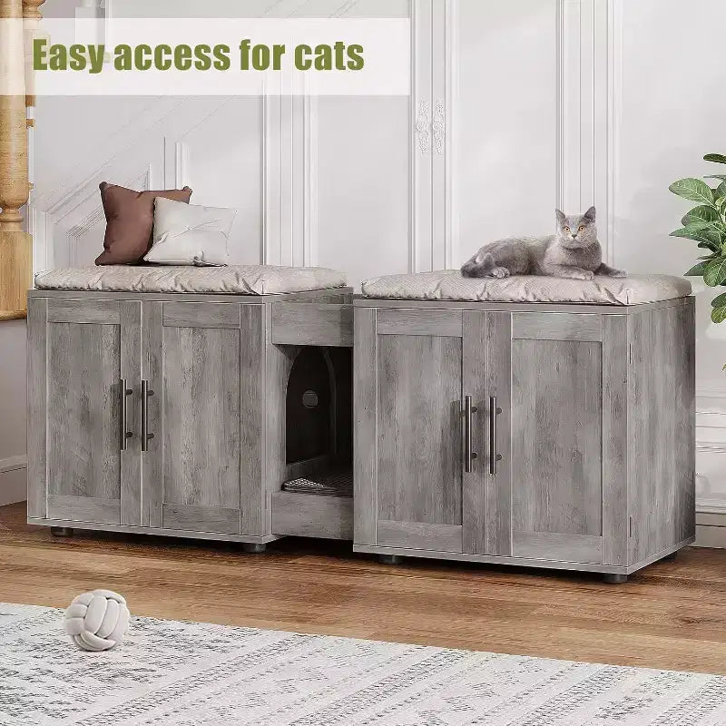 55 Inch Cat Litter Box Enclosure, 3-IN-1 Large Cat Box Enclosure with Double Rooms, Farmhouse Wooden Cats Washroom, Hidden Litter Box Furniture