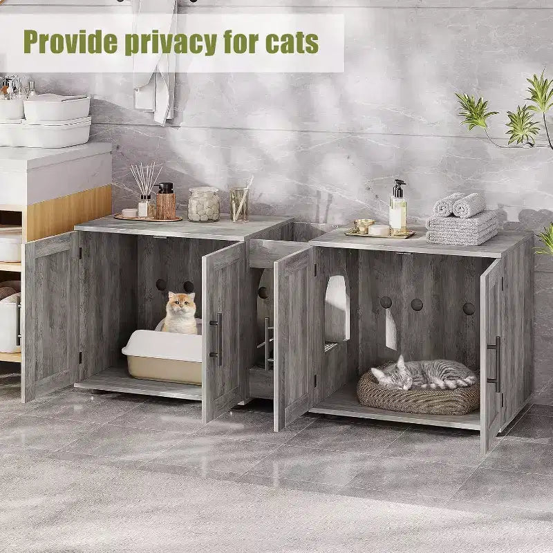 55 Inch Cat Litter Box Enclosure, 3-IN-1 Large Cat Box Enclosure with Double Rooms, Farmhouse Wooden Cats Washroom, Hidden Litter Box Furniture