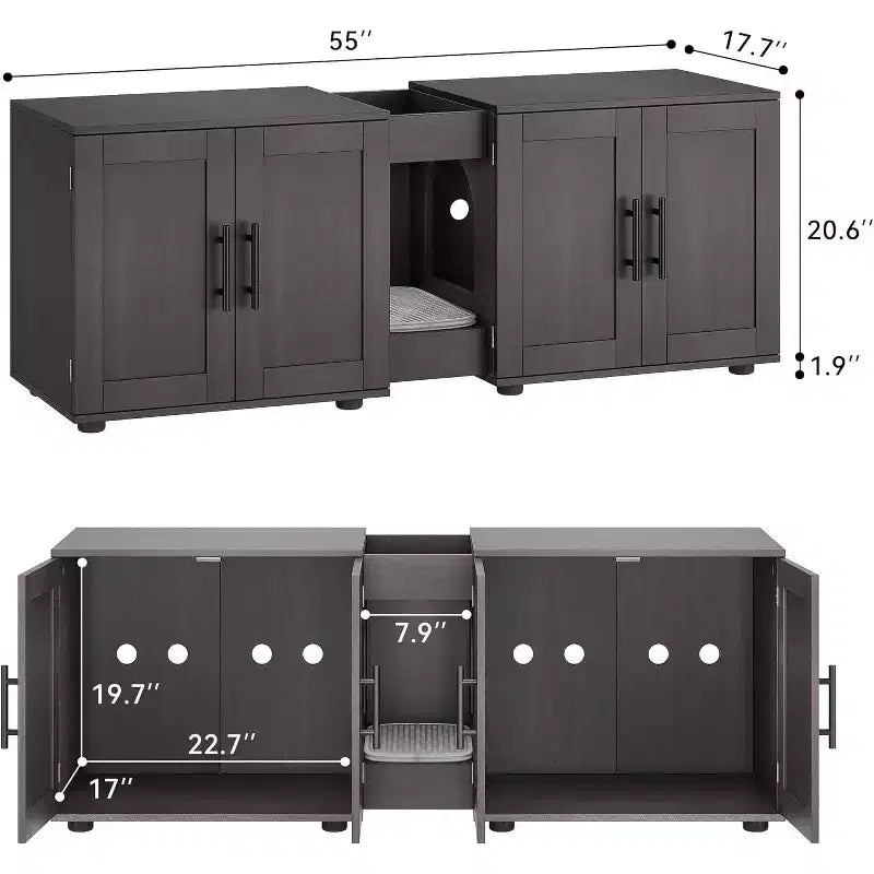 55 Inch Cat Litter Box Enclosure, 3-IN-1 Large Cat Box Enclosure with Double Rooms, Farmhouse Wooden Cats Washroom, Hidden Litter Box Furniture