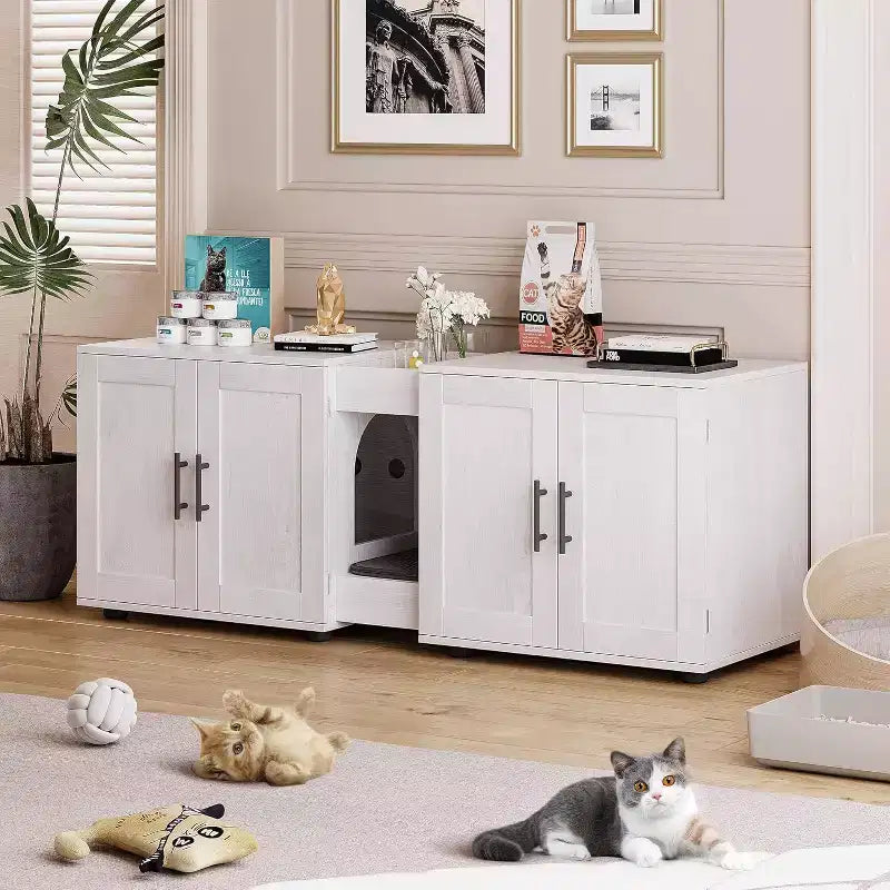 55 Inch Cat Litter Box Enclosure, 3-IN-1 Large Cat Box Enclosure with Double Rooms, Farmhouse Wooden Cats Washroom, Hidden Litter Box Furniture