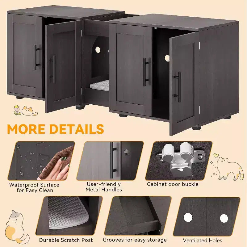 55 Inch Cat Litter Box Enclosure, 3-IN-1 Large Cat Box Enclosure with Double Rooms, Farmhouse Wooden Cats Washroom, Hidden Litter Box Furniture