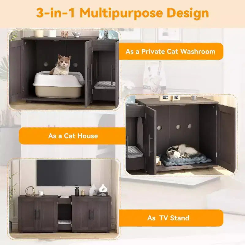 55 Inch Cat Litter Box Enclosure, 3-IN-1 Large Cat Box Enclosure with Double Rooms, Farmhouse Wooden Cats Washroom, Hidden Litter Box Furniture