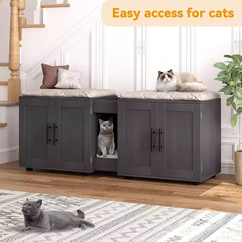 55 Inch Cat Litter Box Enclosure, 3-IN-1 Large Cat Box Enclosure with Double Rooms, Farmhouse Wooden Cats Washroom, Hidden Litter Box Furniture