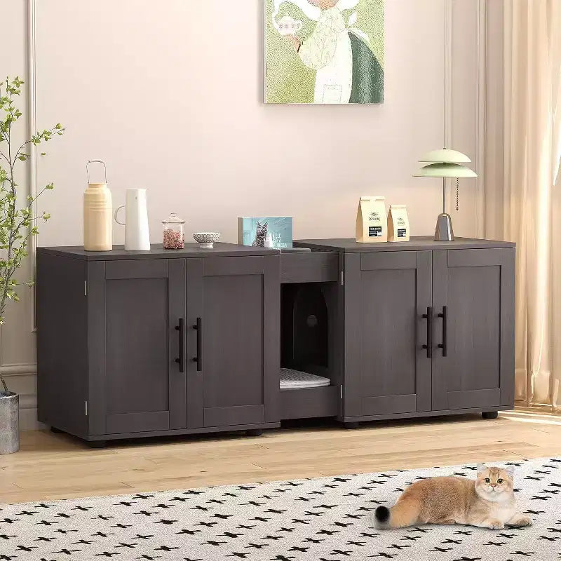 55 Inch Cat Litter Box Enclosure, 3-IN-1 Large Cat Box Enclosure with Double Rooms, Farmhouse Wooden Cats Washroom, Hidden Litter Box Furniture