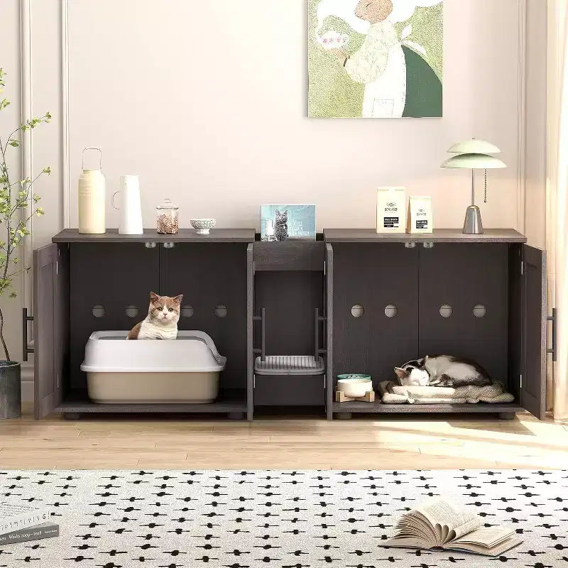 55 Inch Cat Litter Box Enclosure, 3-IN-1 Large Cat Box Enclosure with Double Rooms, Farmhouse Wooden Cats Washroom, Hidden Litter Box Furniture