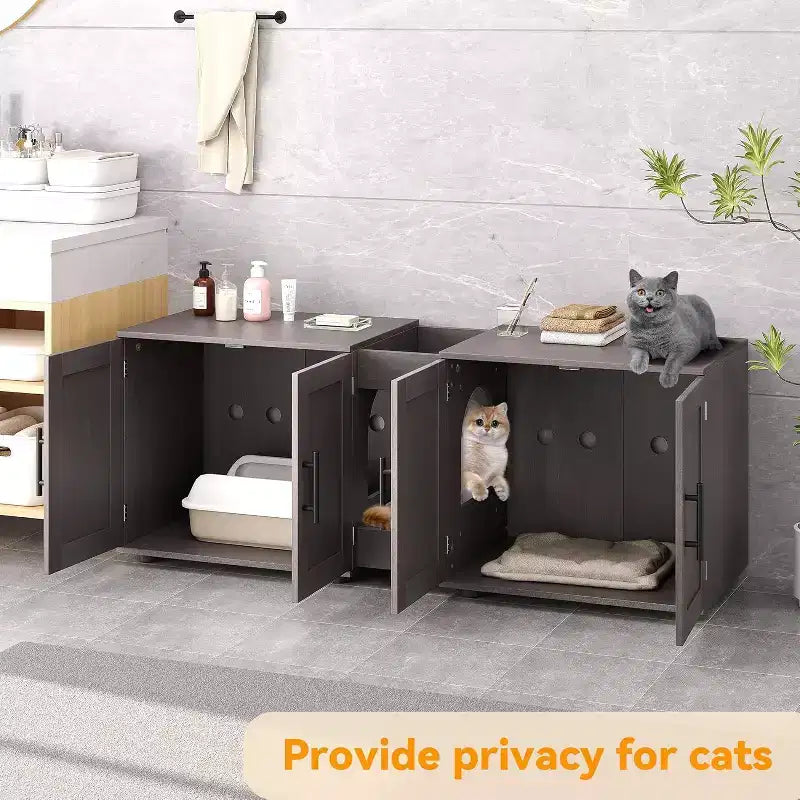 55 Inch Cat Litter Box Enclosure, 3-IN-1 Large Cat Box Enclosure with Double Rooms, Farmhouse Wooden Cats Washroom, Hidden Litter Box Furniture