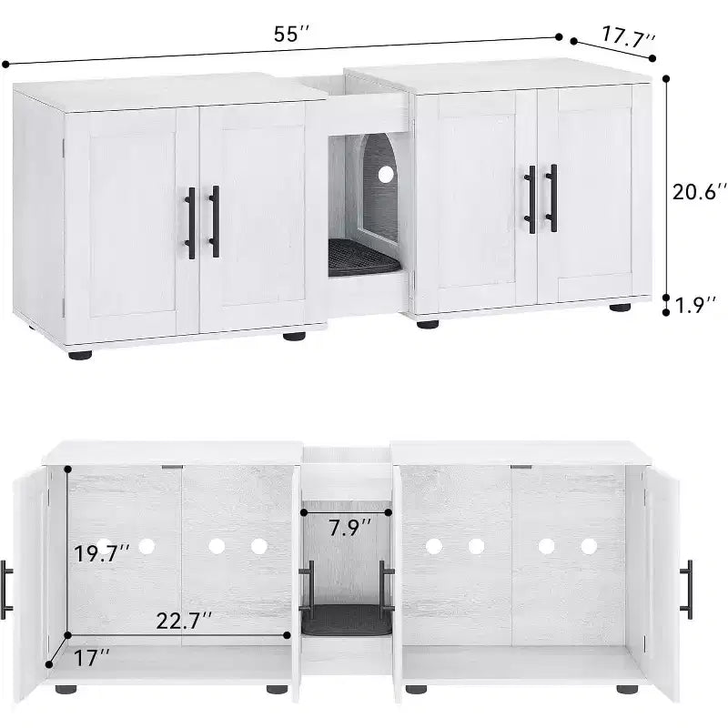 55 Inch Cat Litter Box Enclosure, 3-IN-1 Large Cat Box Enclosure with Double Rooms, Farmhouse Wooden Cats Washroom, Hidden Litter Box Furniture