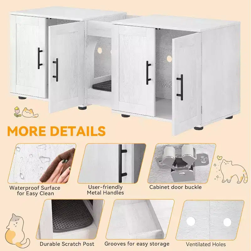 55 Inch Cat Litter Box Enclosure, 3-IN-1 Large Cat Box Enclosure with Double Rooms, Farmhouse Wooden Cats Washroom, Hidden Litter Box Furniture