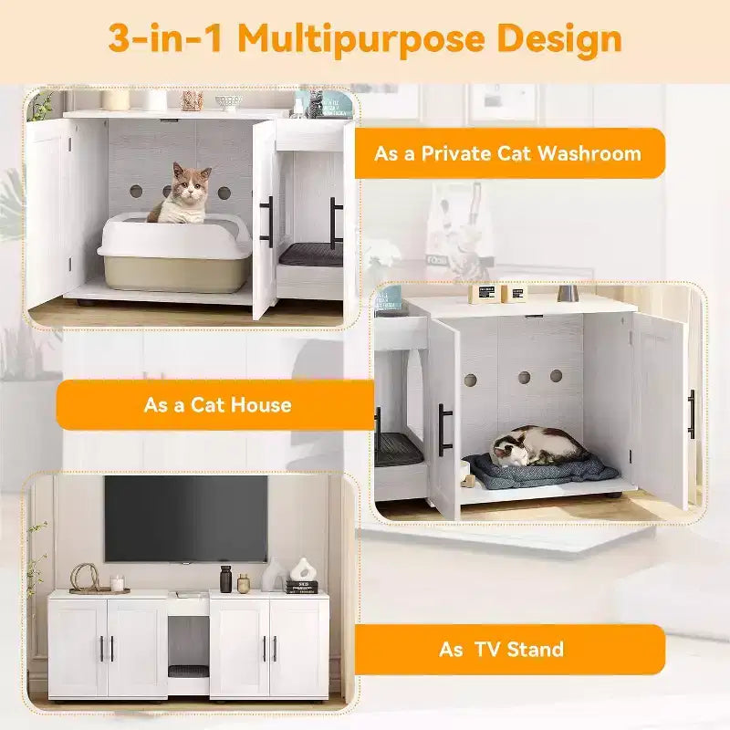 55 Inch Cat Litter Box Enclosure, 3-IN-1 Large Cat Box Enclosure with Double Rooms, Farmhouse Wooden Cats Washroom, Hidden Litter Box Furniture