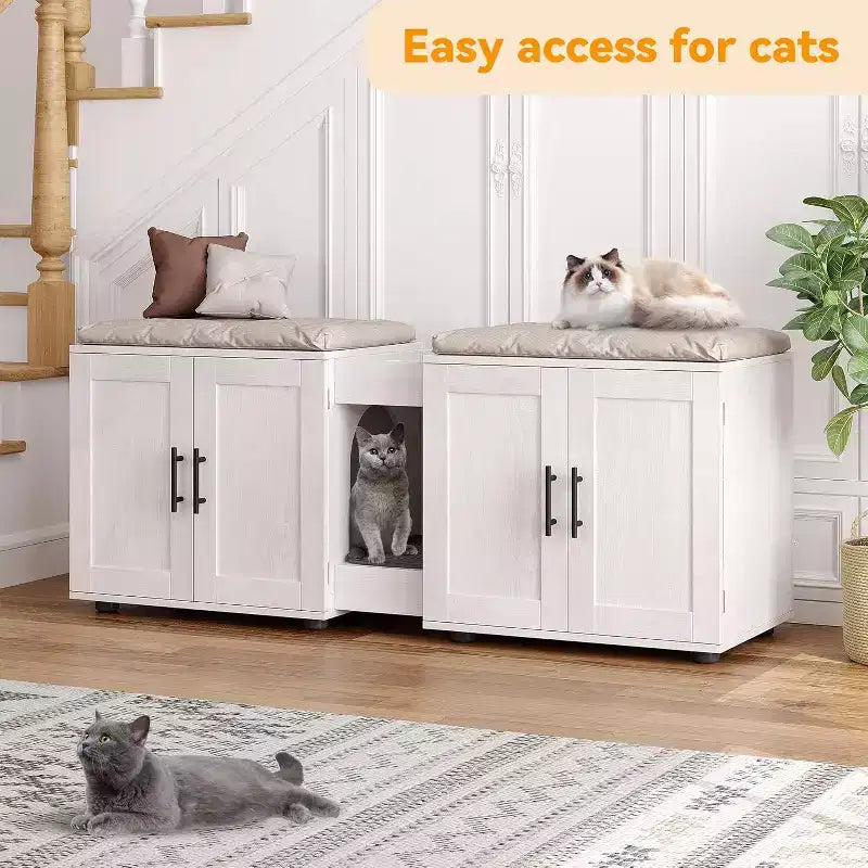 55 Inch Cat Litter Box Enclosure, 3-IN-1 Large Cat Box Enclosure with Double Rooms, Farmhouse Wooden Cats Washroom, Hidden Litter Box Furniture