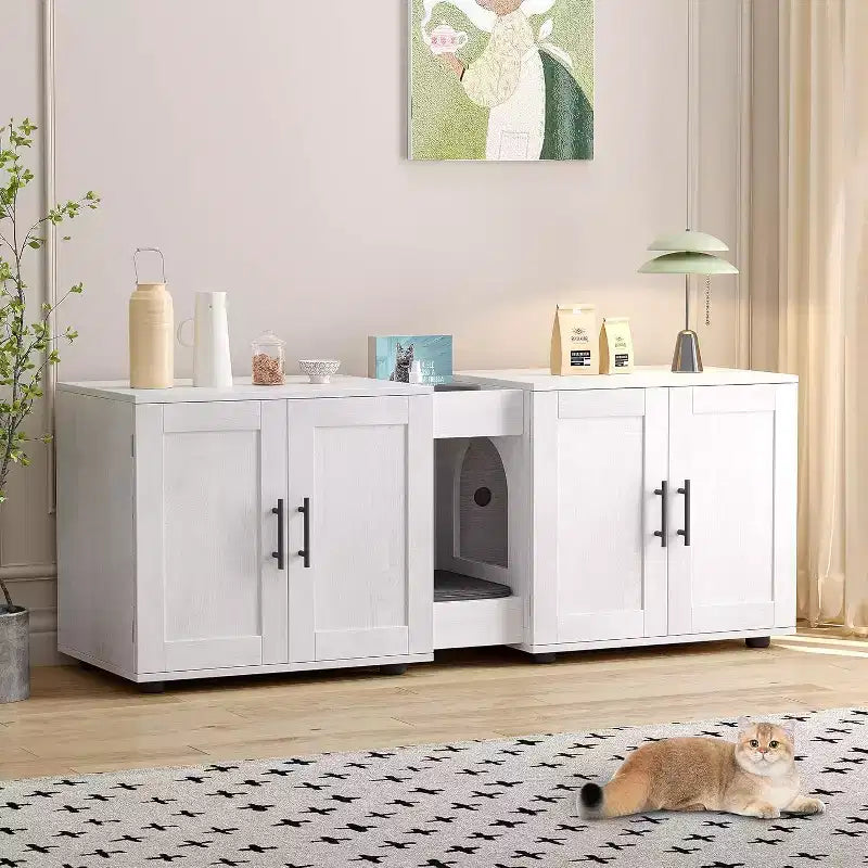 55 Inch Cat Litter Box Enclosure, 3-IN-1 Large Cat Box Enclosure with Double Rooms, Farmhouse Wooden Cats Washroom, Hidden Litter Box Furniture