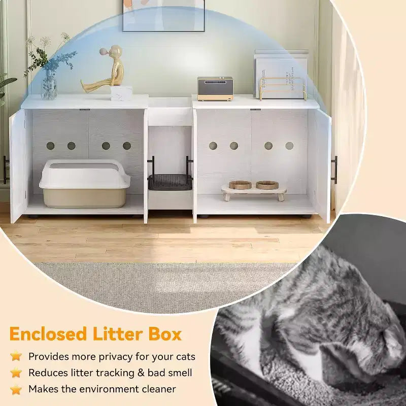 55 Inch Cat Litter Box Enclosure, 3-IN-1 Large Cat Box Enclosure with Double Rooms, Farmhouse Wooden Cats Washroom, Hidden Litter Box Furniture