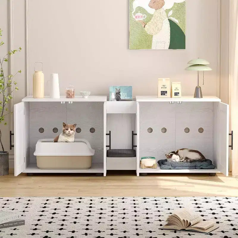 55 Inch Cat Litter Box Enclosure, 3-IN-1 Large Cat Box Enclosure with Double Rooms, Farmhouse Wooden Cats Washroom, Hidden Litter Box Furniture