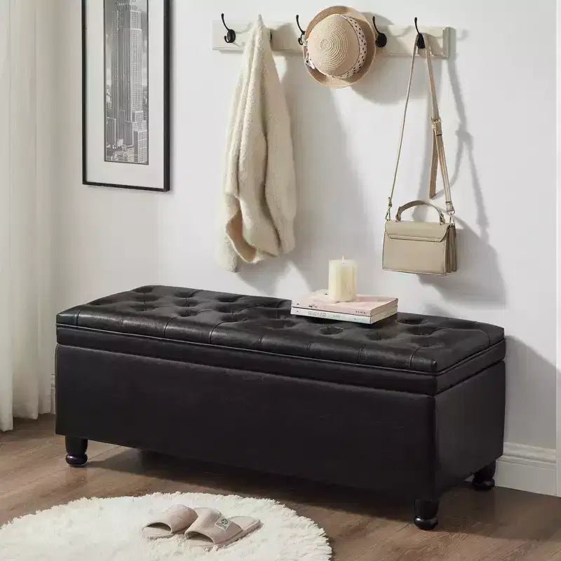 Storage Ottoman Bench with Sturdy Wood FrameLinen Button, Upholstered Faux Leather, Bedroom Storage Bench for Living Room or Bedroom