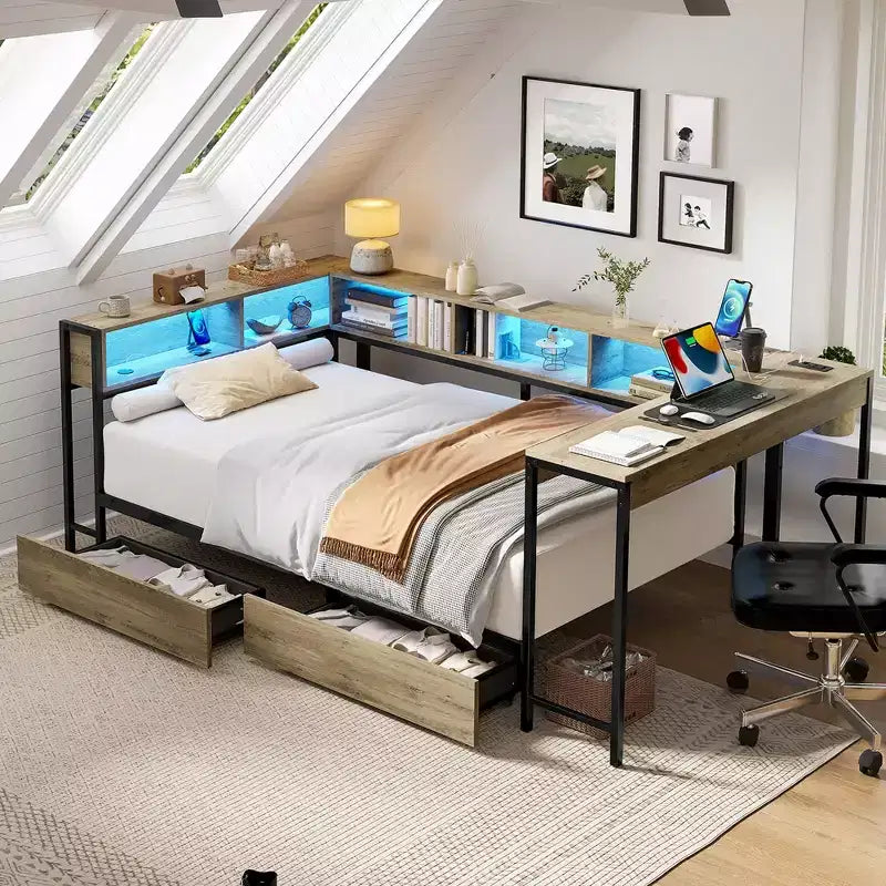 Corner Bed Frame Twin Size with Bookcase and 2 Underbed Storage Drawers, Modern Twin Bed Modern Daybed Reversible Left or Right, Grey