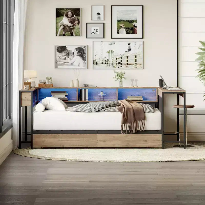 Corner Bed Frame Twin Size with Bookcase and 2 Underbed Storage Drawers, Modern Twin Bed Modern Daybed Reversible Left or Right, Grey