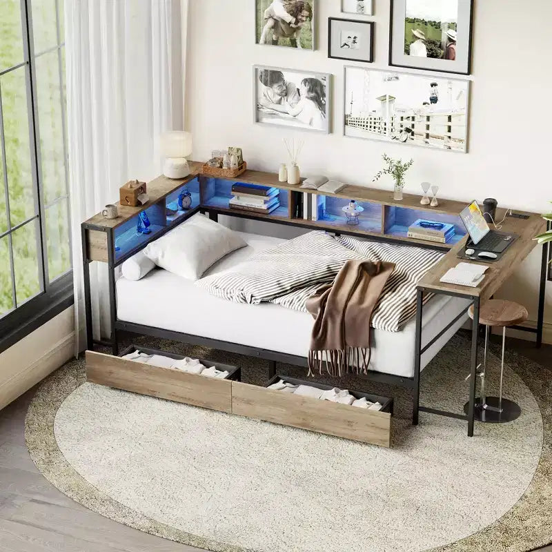 Corner Bed Frame Twin Size with Bookcase and 2 Underbed Storage Drawers, Modern Twin Bed Modern Daybed Reversible Left or Right, Grey