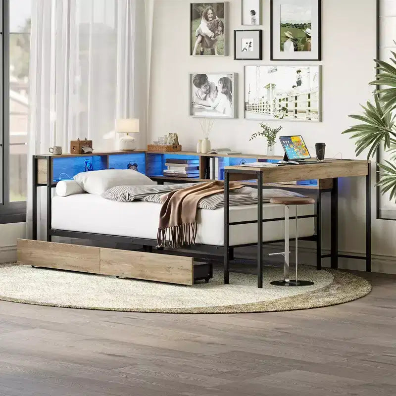 Corner Bed Frame Twin Size with Bookcase and 2 Underbed Storage Drawers, Modern Twin Bed Modern Daybed Reversible Left or Right, Grey
