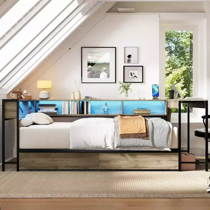Corner Bed Frame Twin Size with Bookcase and 2 Underbed Storage Drawers, Modern Twin Bed Modern Daybed Reversible Left or Right, Grey
