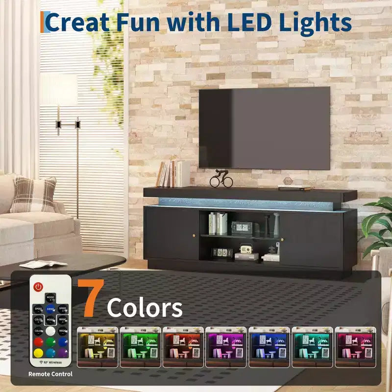 Modern TV Stand for TVs up to 65, 63'' Wooden Entertainment Center with Storage Cabinets, Media Console Table for Living Room Bedroom