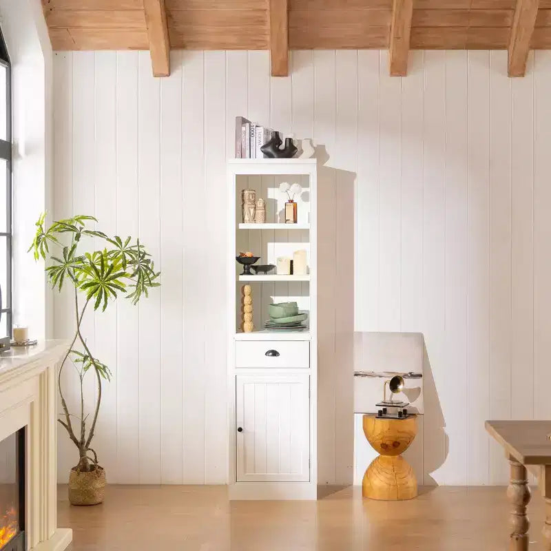 Small Size Wooden Kitchen Organizer Pantry, 75in Freestanding Display Bookshelf, Farmhouse Bookcase for Hallway Living Room Home Office, White