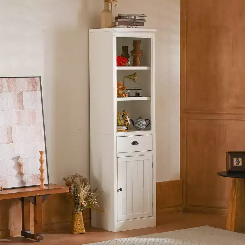 Small Size Wooden Kitchen Organizer Pantry, 75in Freestanding Display Bookshelf, Farmhouse Bookcase for Hallway Living Room Home Office, White