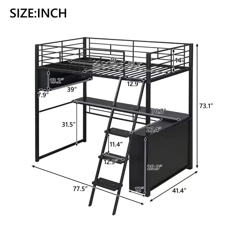 GDFStudio Kelly Metal Loft Bed with LED, Desk and 4 Storage Shelves