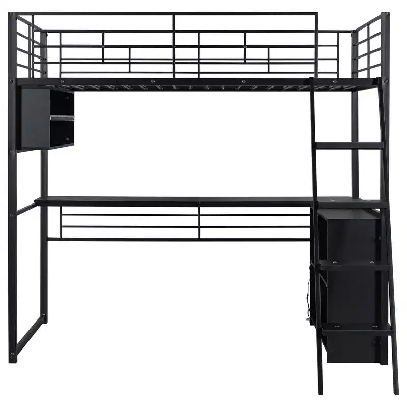 GDFStudio Kelly Metal Loft Bed with LED, Desk and 4 Storage Shelves