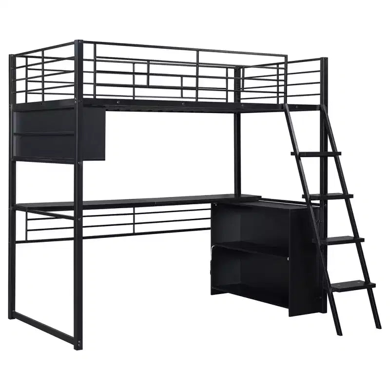 GDFStudio Kelly Metal Loft Bed with LED, Desk and 4 Storage Shelves