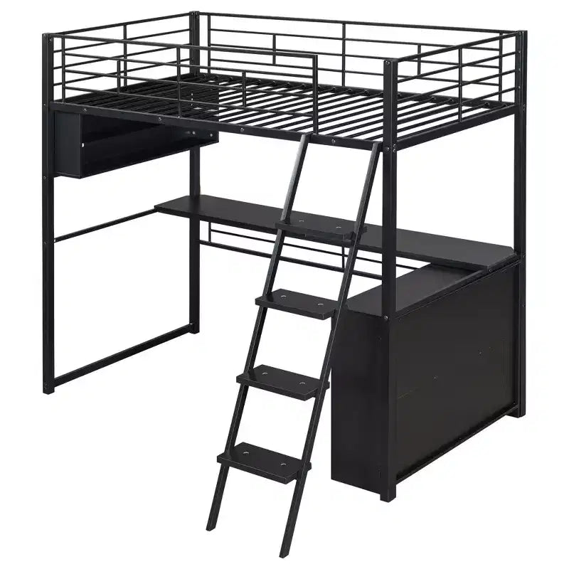GDFStudio Kelly Metal Loft Bed with LED, Desk and 4 Storage Shelves