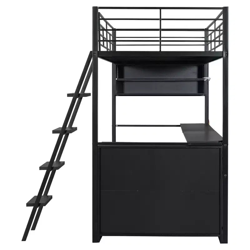 GDFStudio Kelly Metal Loft Bed with LED, Desk and 4 Storage Shelves