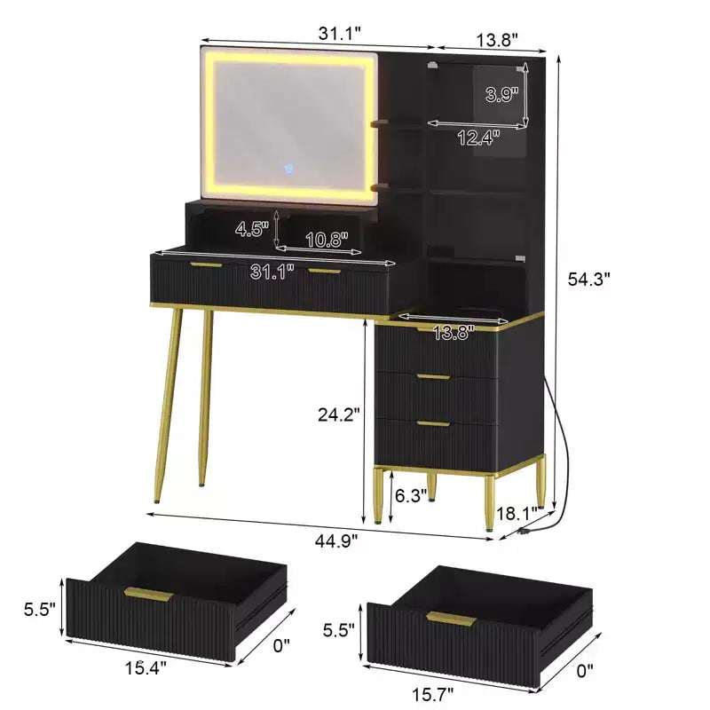 Makeup Vanity Desk with Power Outlet  Modern Glass Top Fluted Vanity, Acrylic Protective Door, 5 Drawers & Shelf  Elegant Dressing Table for Bedroom