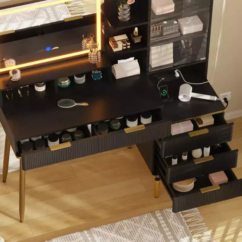 Makeup Vanity Desk with Power Outlet  Modern Glass Top Fluted Vanity, Acrylic Protective Door, 5 Drawers & Shelf  Elegant Dressing Table for Bedroom