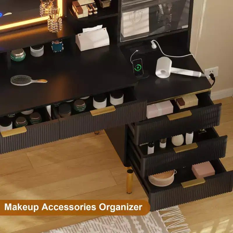 Makeup Vanity Desk with Power Outlet  Modern Glass Top Fluted Vanity, Acrylic Protective Door, 5 Drawers & Shelf  Elegant Dressing Table for Bedroom