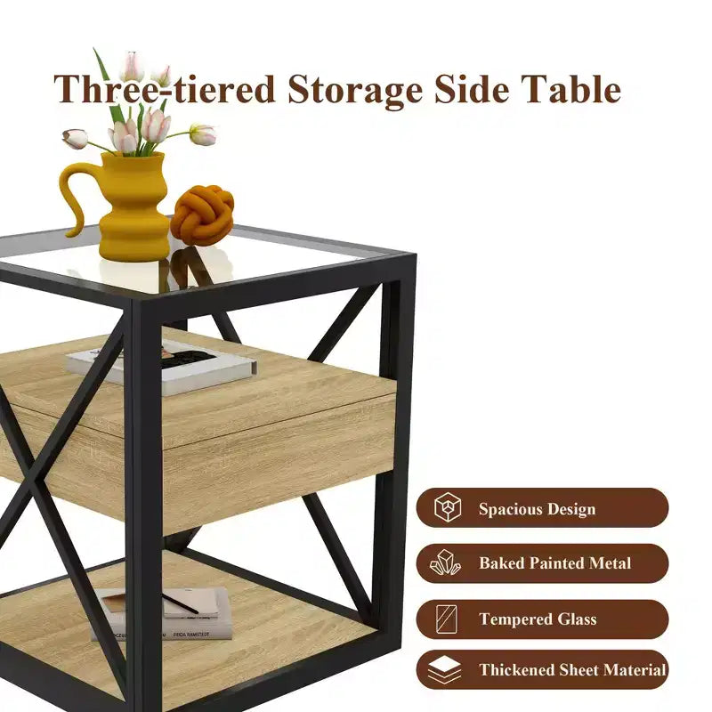 TUYOHW 1 PC/2 PCS Industrial Nightstand with Tempered Glass Top & Drawer,End Table with X-Frame,Side Table for Living Room,Bedroom,Home Office