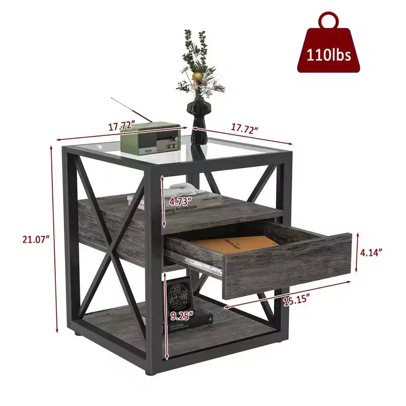 TUYOHW 1 PC/2 PCS Industrial Nightstand with Tempered Glass Top & Drawer,End Table with X-Frame,Side Table for Living Room,Bedroom,Home Office