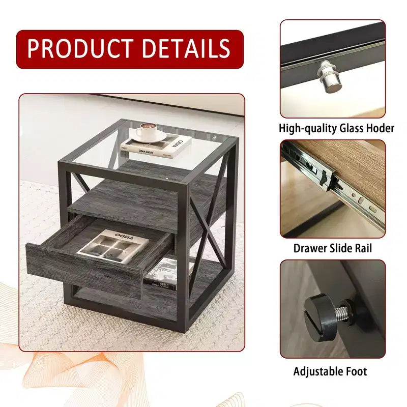 TUYOHW 1 PC/2 PCS Industrial Nightstand with Tempered Glass Top & Drawer,End Table with X-Frame,Side Table for Living Room,Bedroom,Home Office