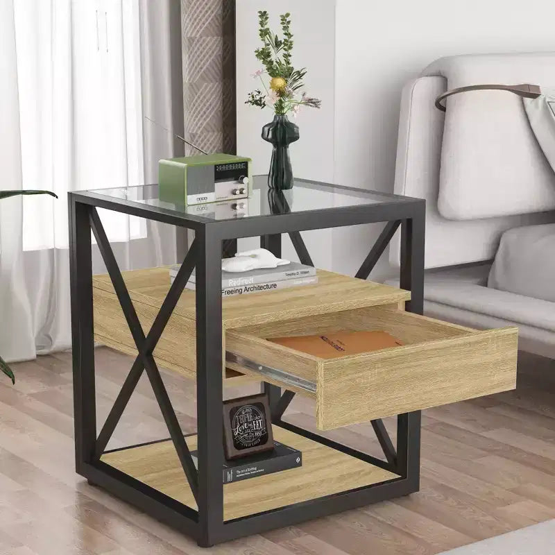 TUYOHW 1 PC/2 PCS Industrial Nightstand with Tempered Glass Top & Drawer,End Table with X-Frame,Side Table for Living Room,Bedroom,Home Office